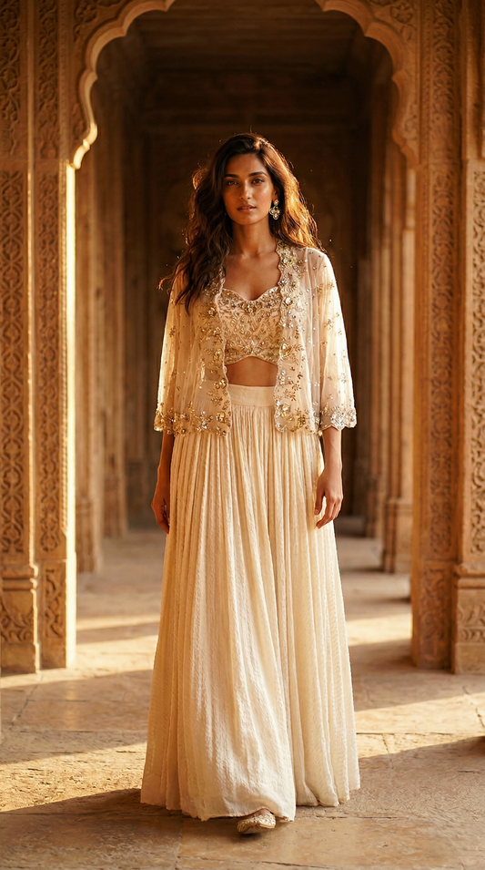 Peach Embroidered Lehenga Set with jacket
