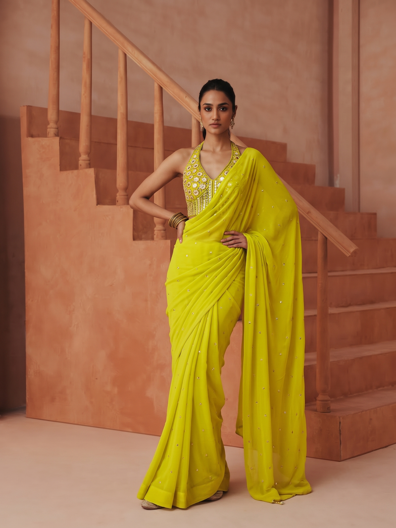 LIME ELISE EMBROIDERED DRAPED SAREE