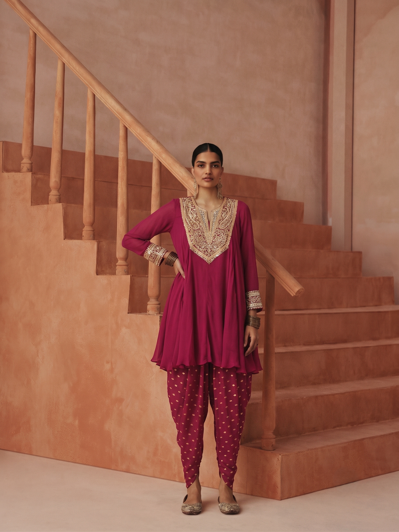 OCHRE MAROON EMBROIDERED PEPLUM SET
