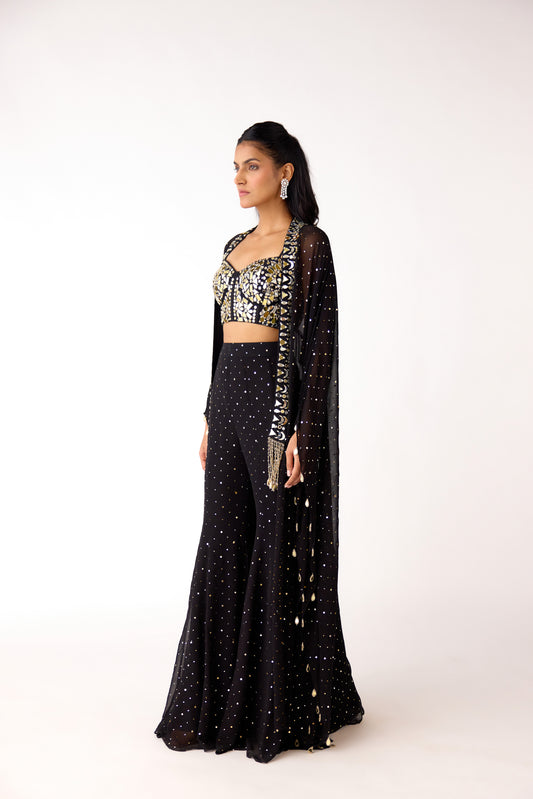 Black Mukaish Georgette Embroidered Cape Set