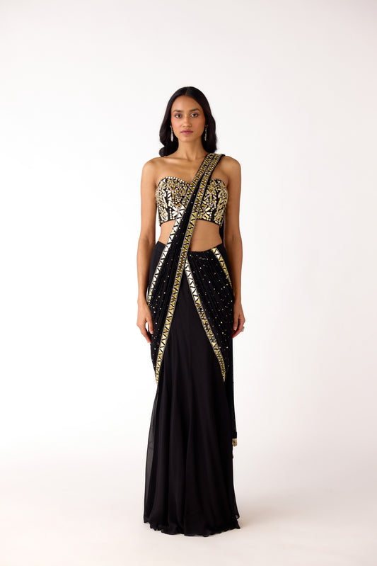 Black Mukaish Georgette Embroidered Saree Set