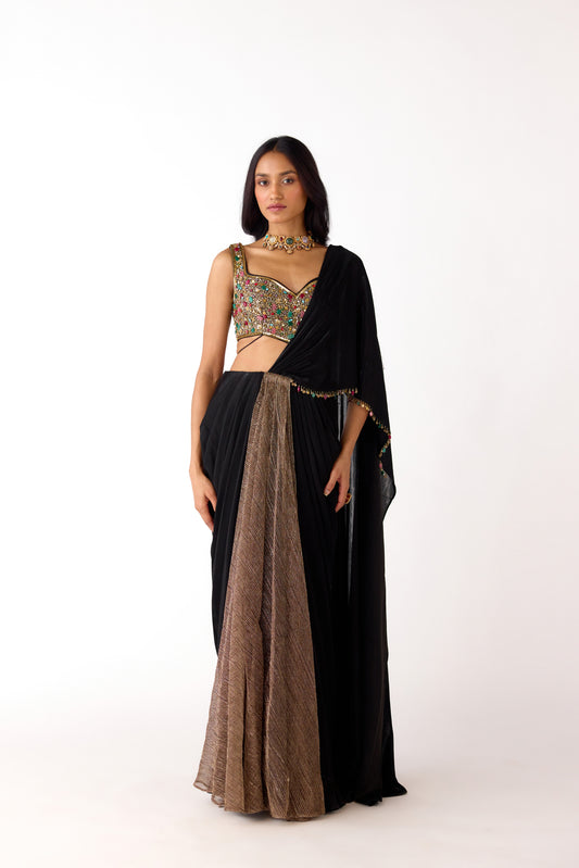 Black Lycra Embroidered Draped Saree