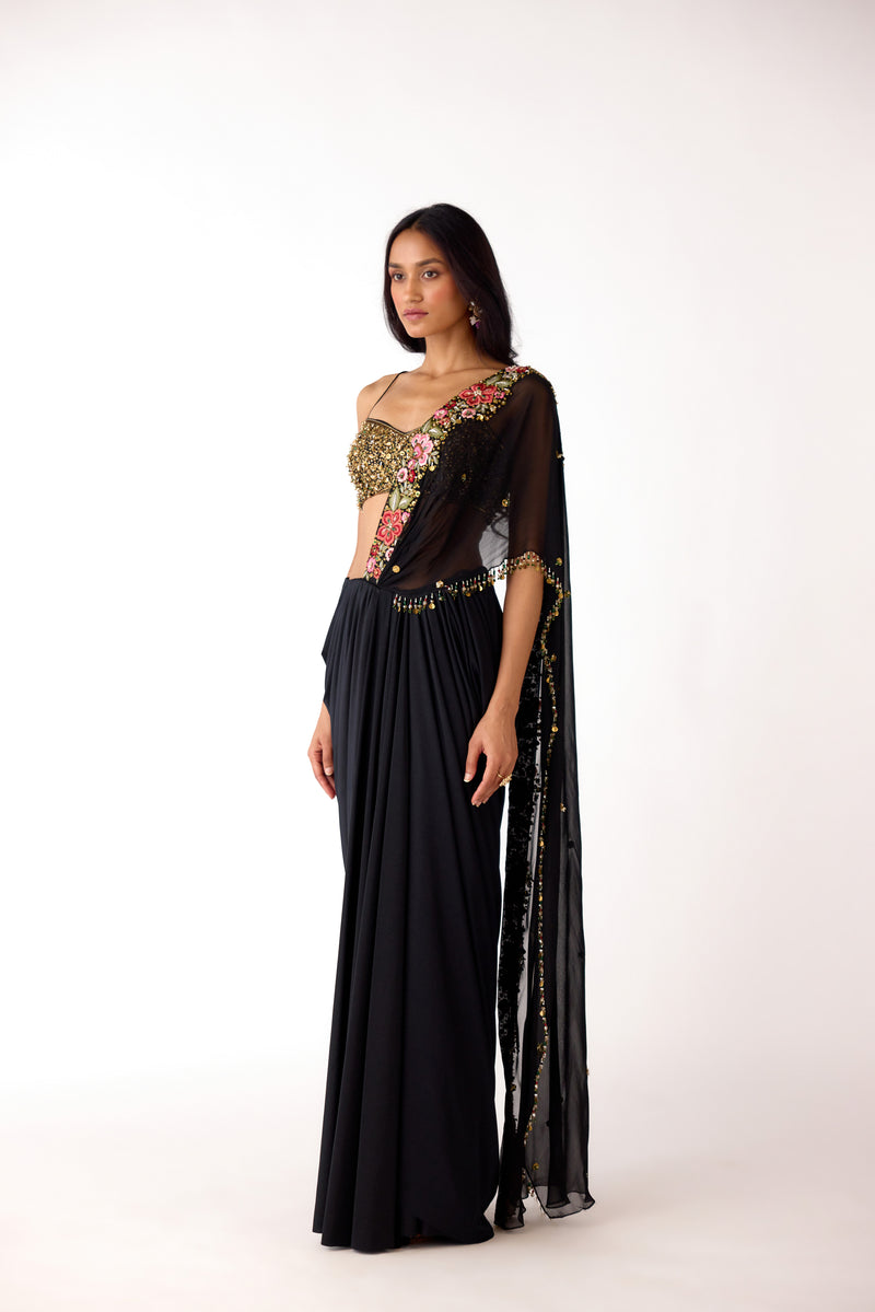 Black Viscose Organza Embroidered Saree Set