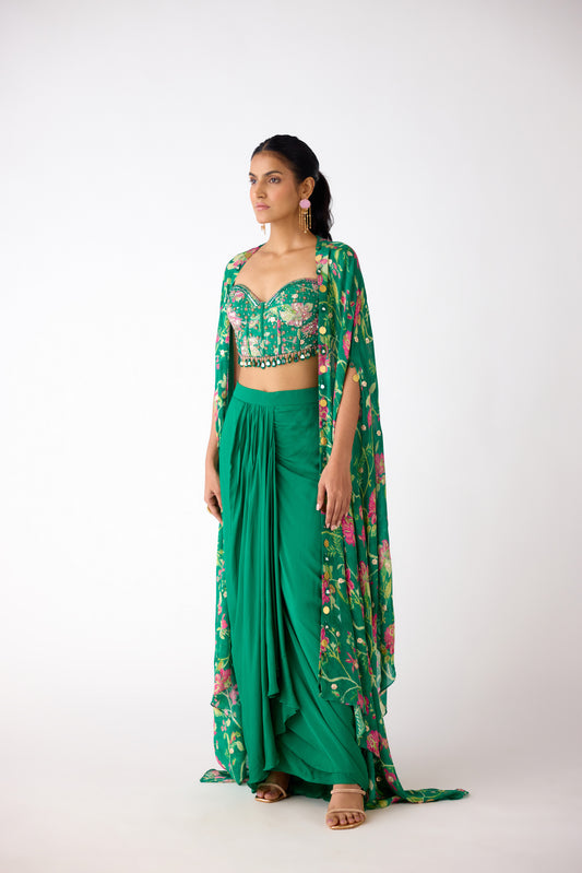 Green Chiffon Embroidered Cape Set