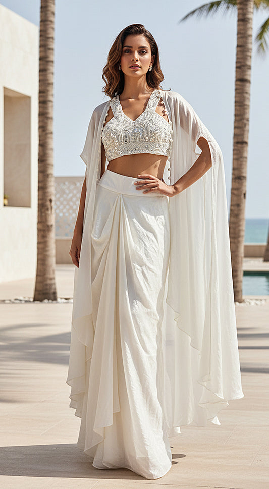 Ivory Georgette Embroidered Cape Set