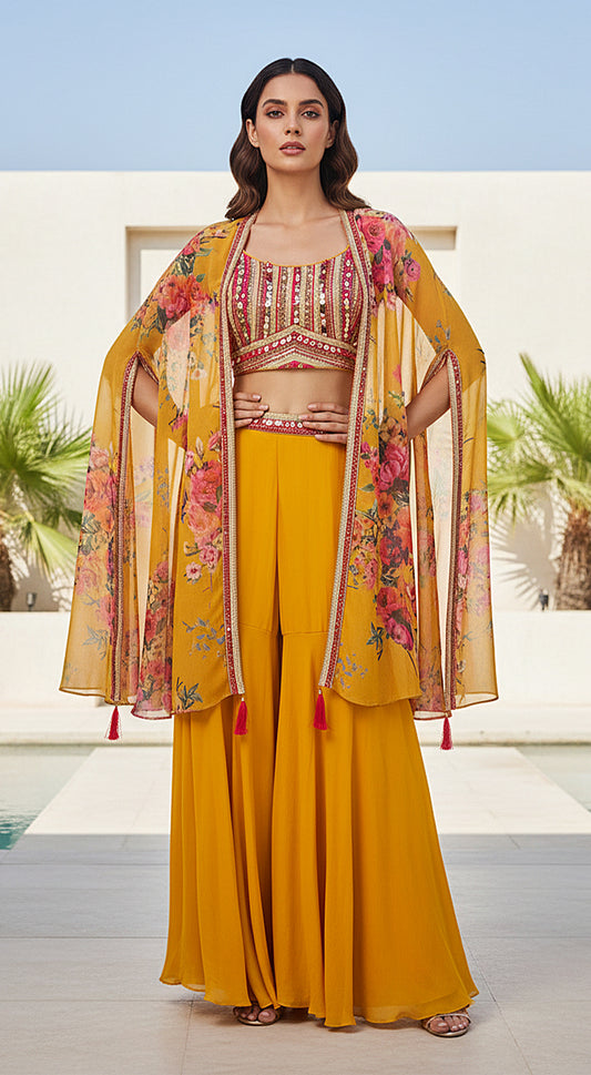 Yellow Georgette Embroidered Cape Set