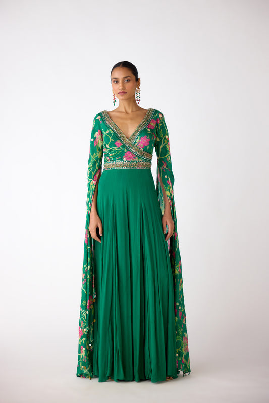 Green Chiffon Embroidered Jumpsuit