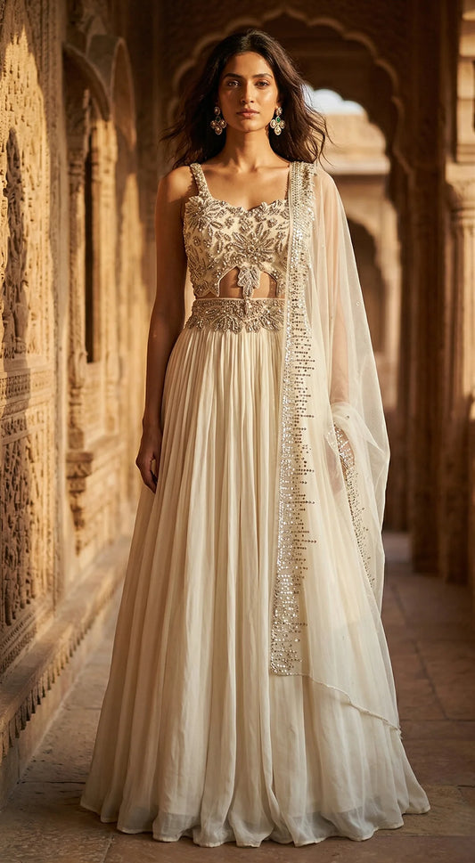 Ivory Georgette Embroidered Lehenga Set