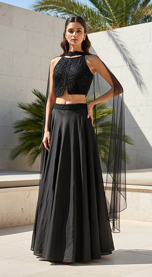 Black Satin Embroidered Lehenga Set