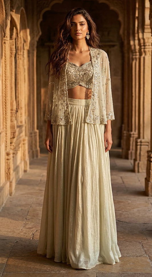 Powder-Blue Embroidered Lehenga Set with jacket