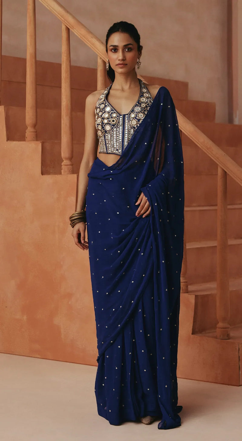 COBALT ELISE EMBROIDERED DRAPED SAREE
