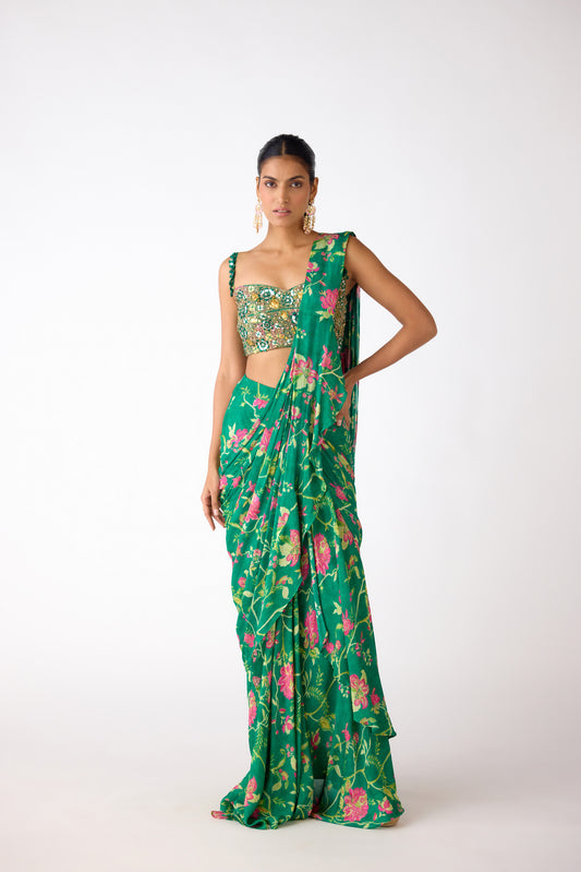 Green Chiffon Embroidered Draped Saree