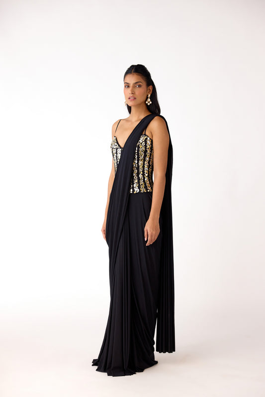 Black Lycra Embroidered Draped Saree Set