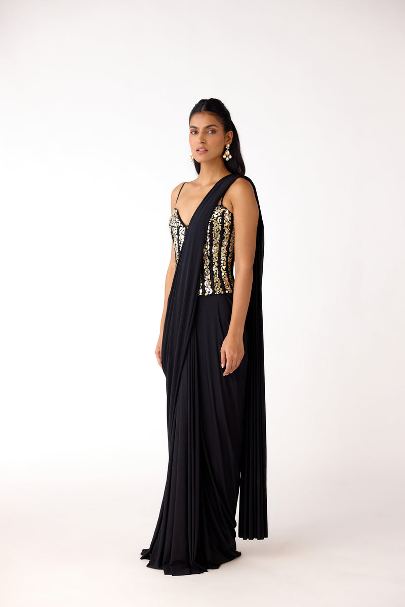 Black Lycra Embroidered Draped Saree Set