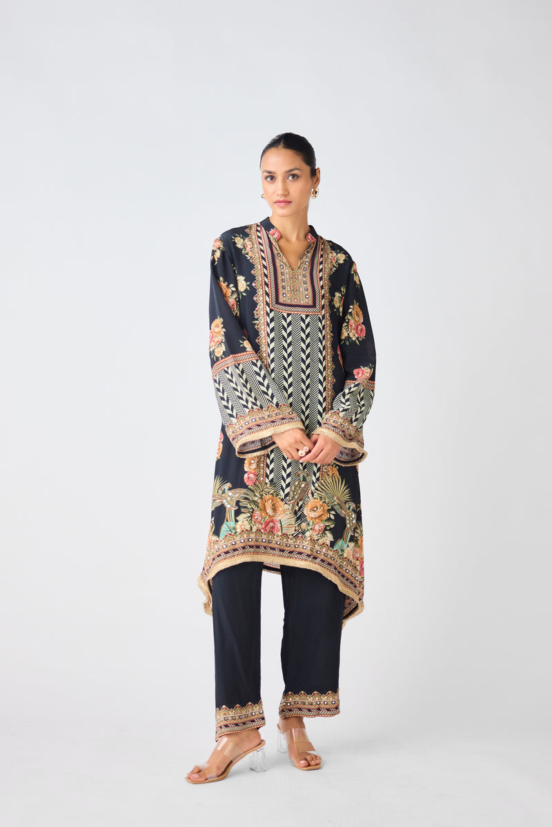 Black Crepe Floral Kurta Set