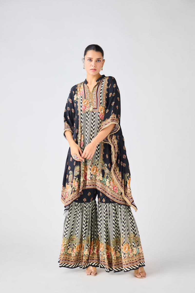Black Crepe Floral Sharara Set