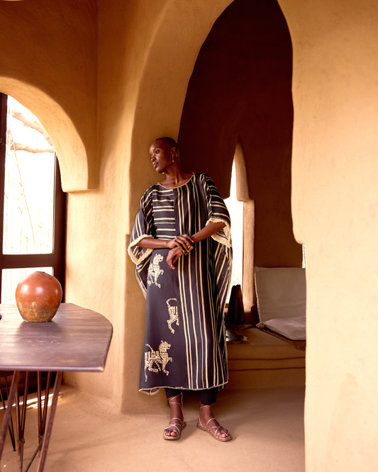Black Cotton Stripes Abstract Kaftan Set