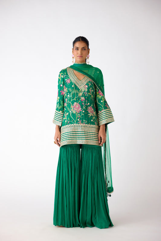 Green Chiffon Embroidered Sharara Set