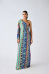 Blue Printed Asymmetric Neckline Dress