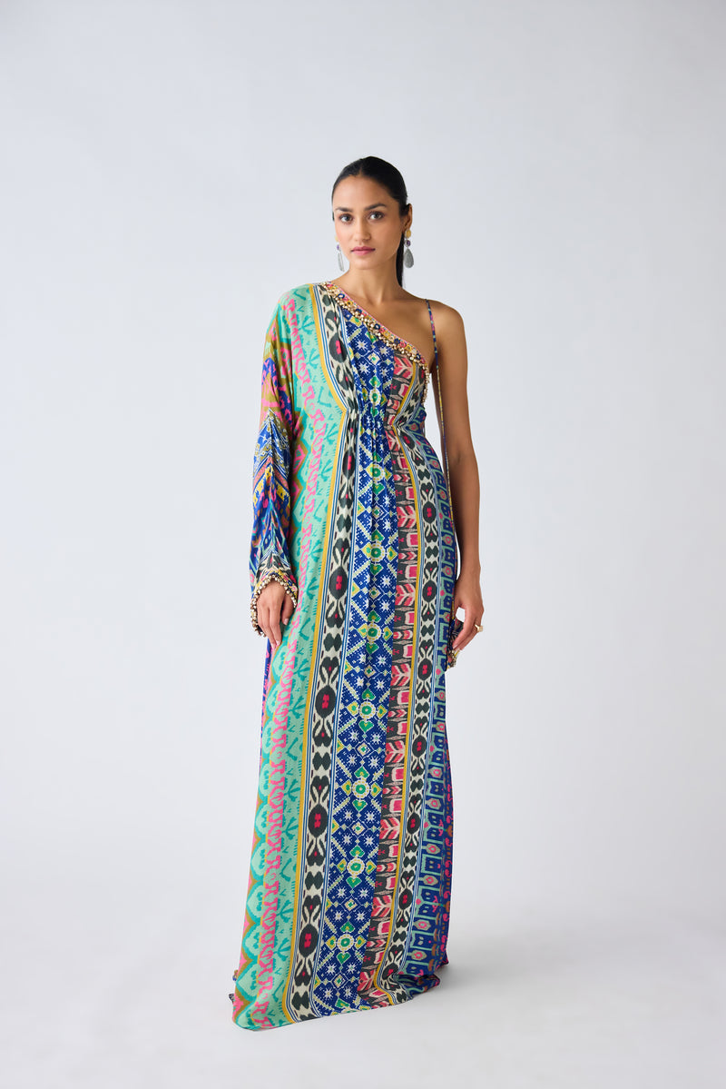 Blue Printed Asymmetric Neckline Dress