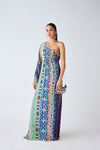 Blue Printed Asymmetric Neckline Dress