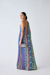 Blue Printed Asymmetric Neckline Dress