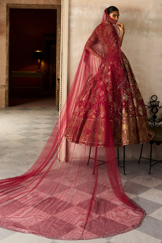 The Vintage Lotus Pond Scarlet Lehenga