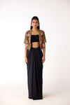 Black Viscose Lycra Embroidered Draped Skirt Set
