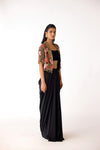 Black Viscose Lycra Embroidered Draped Skirt Set