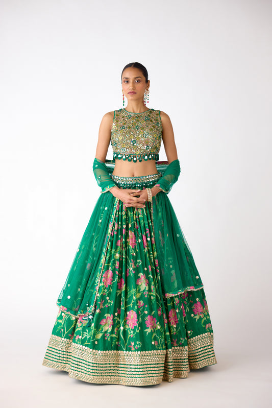 Green Chiffon Embroidered Lehenga Set