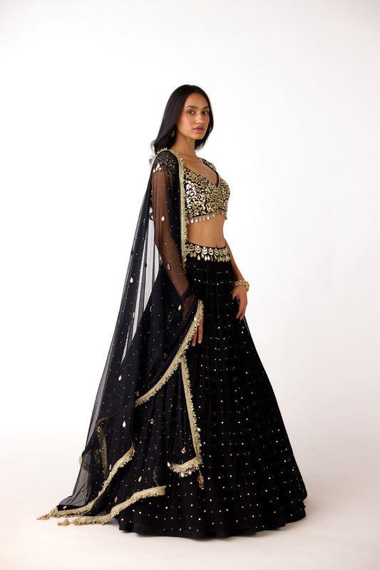 Black Mukaish Georgette Embroidered Lehenga Set