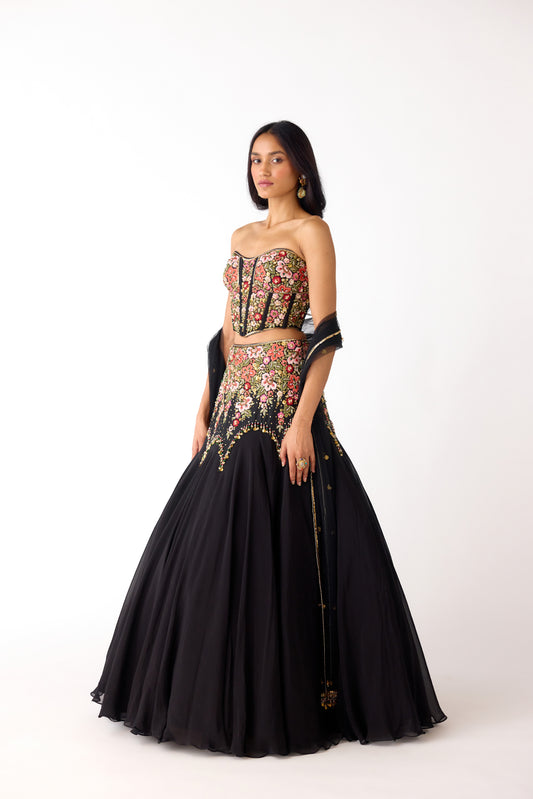 Black Viscose Organza Embroidered Lehenga Set