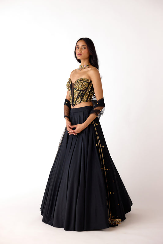 Black Viscose Lycra Embroidered Lehenga Set
