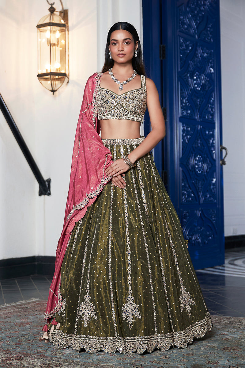 Green Tissue Embroidered Lehenga Set