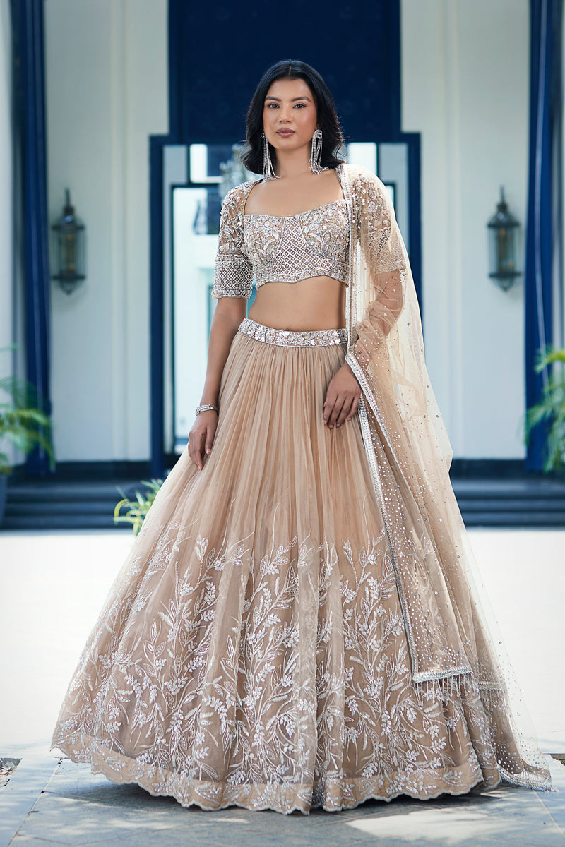 Beige Sequins Net Embroidered Lehenga Set
