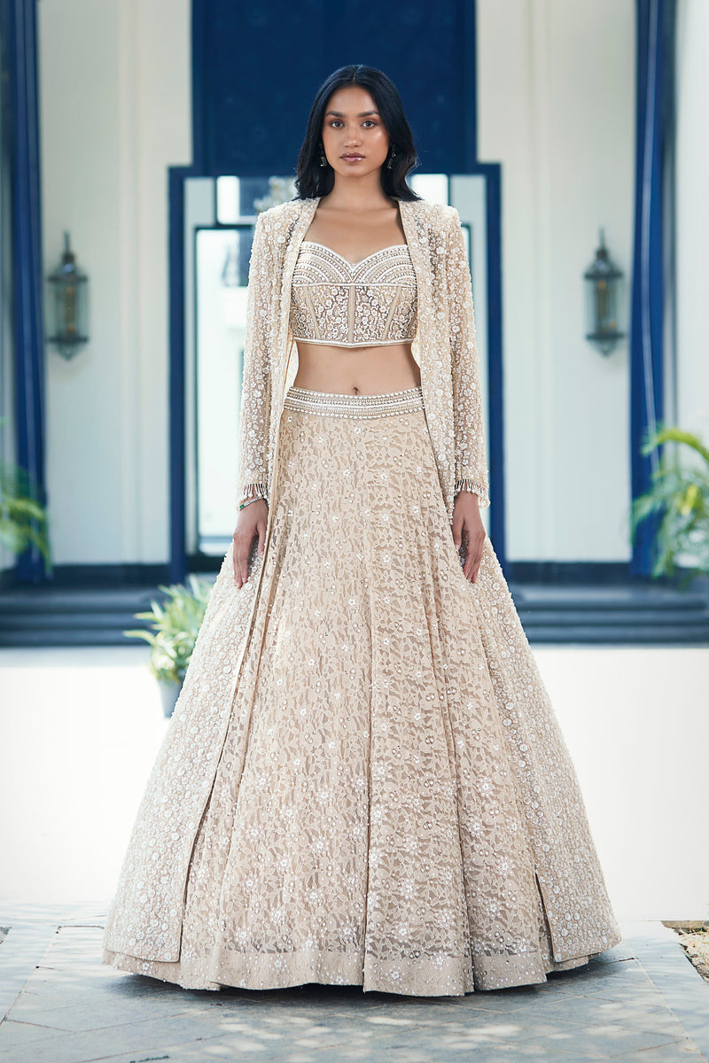 Beige Chantilly Net Embroidered Lehenga Set