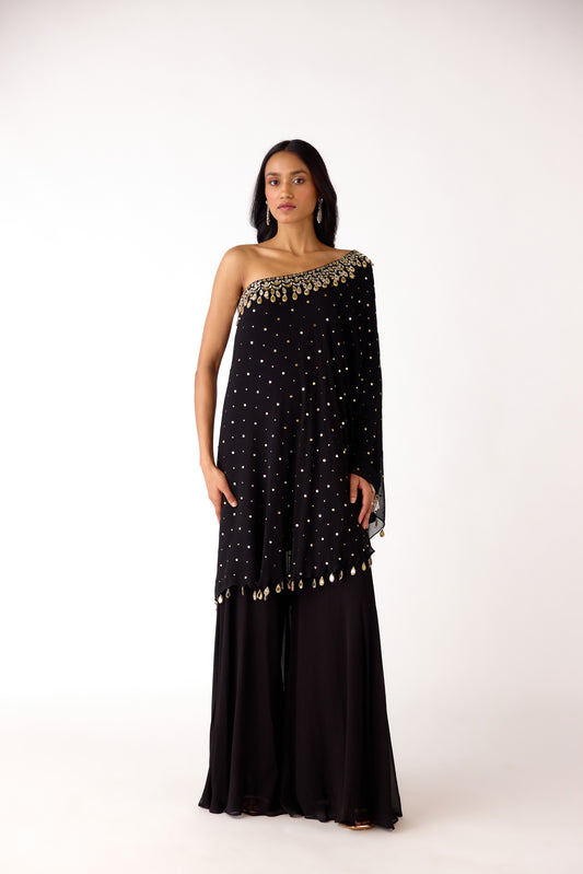 Black Mukaish Georgette Embroidered Sharara Set
