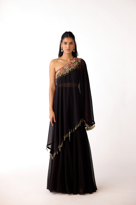 Black Viscose Organza Embroidered Cape Set