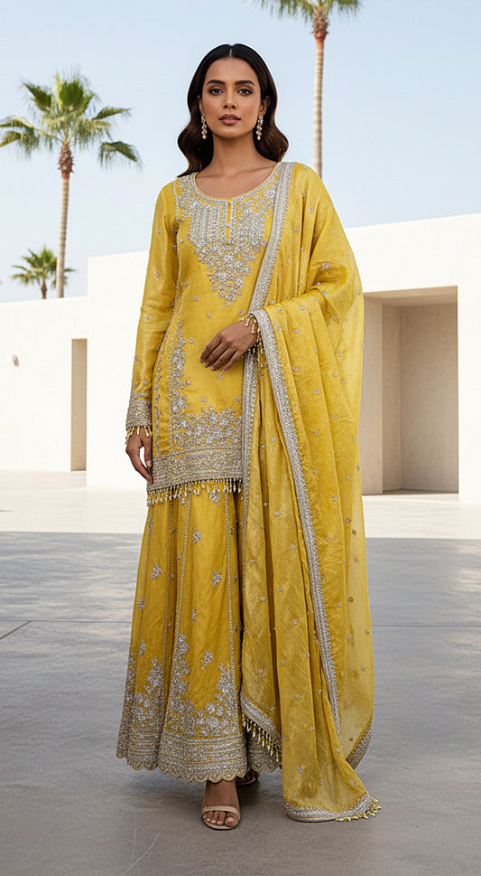 Yellow Tissue Embroidered Sharara Set